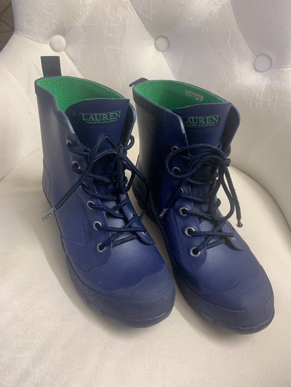 Ralph Lauren Mikenna-Bo-Rai Blue Rubber Lace Up Ankle Rain Boots Womens SZ 7